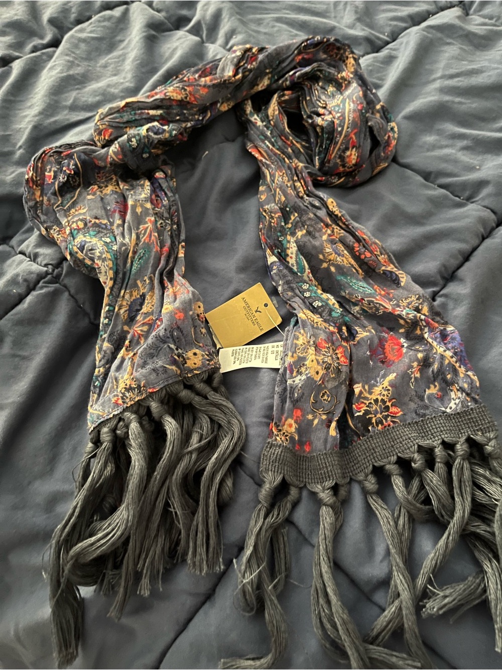 American Eagle Outfitters NWT blue floral fringed skinny long scarf